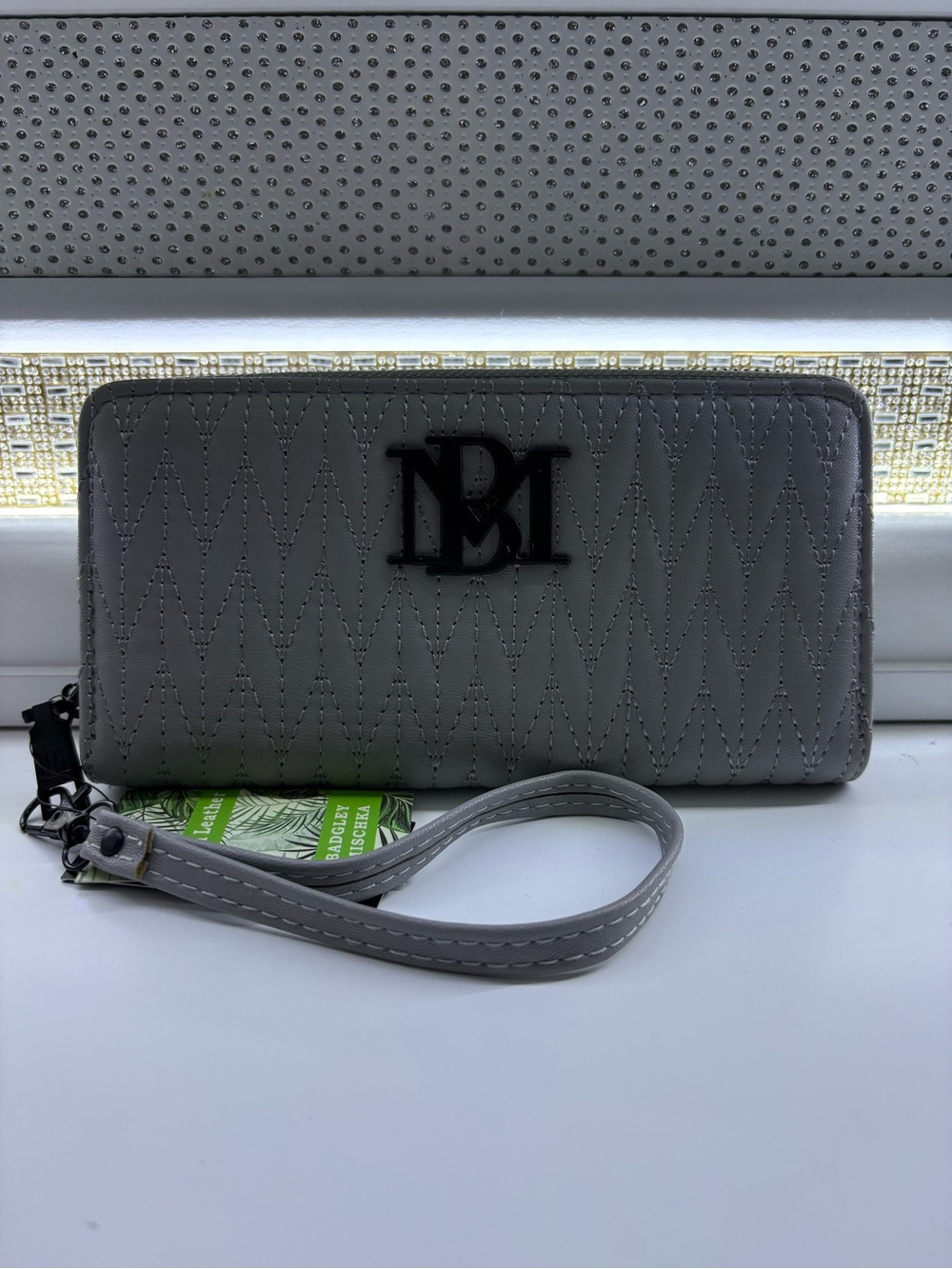Badgley Mischka Gray Quilted Wristlet with Black Logo